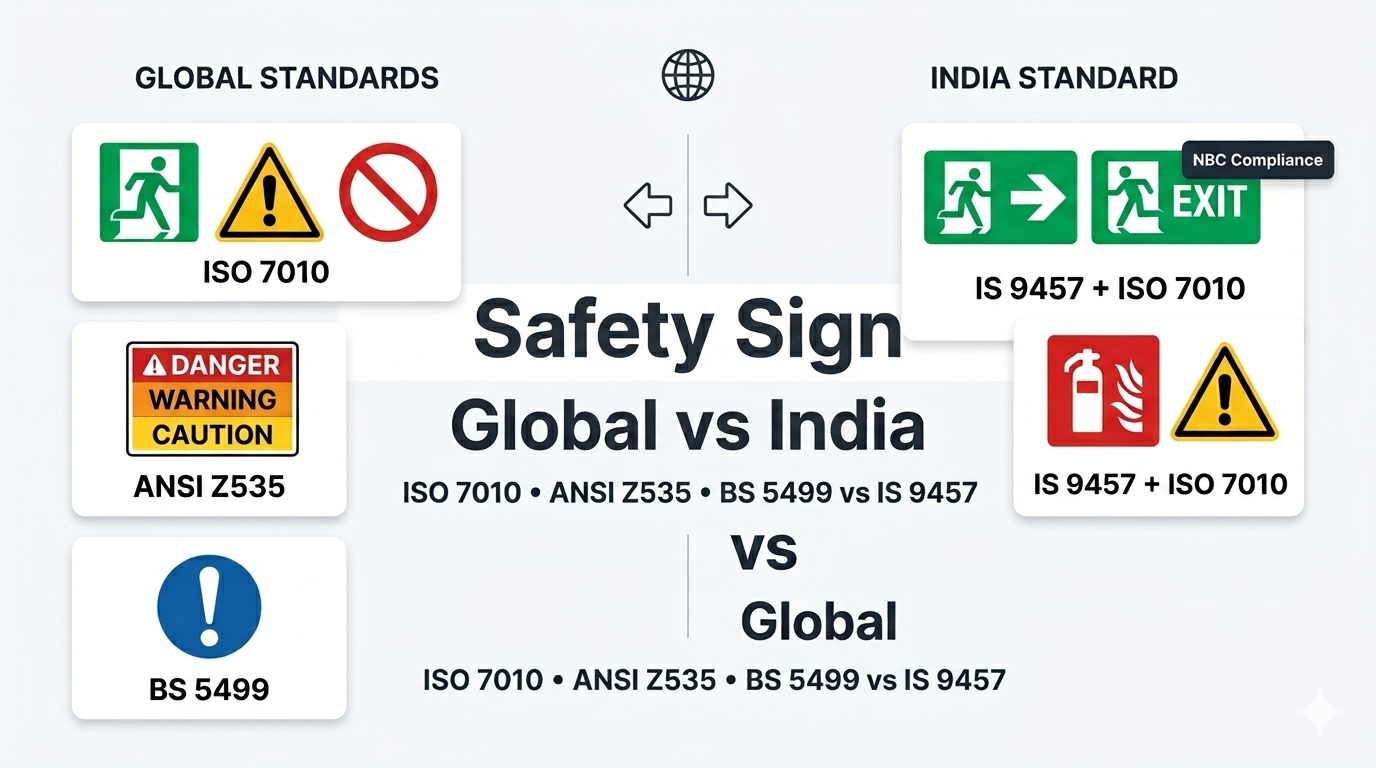 Safety Sign Standards Around the World vs India: How IS 9457, ISO 7010, ANSI Z535, and BS 5499 Compare