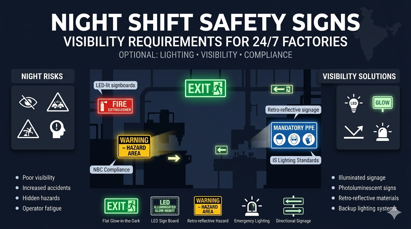 Night Shift Safety Signs: Visibility Requirements for 24/7 Indian Factories