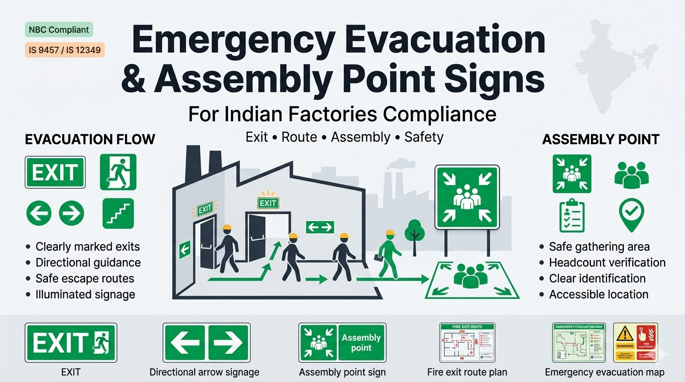 Emergency Evacuation Signs and Assembly Point Boards for Indian Factories