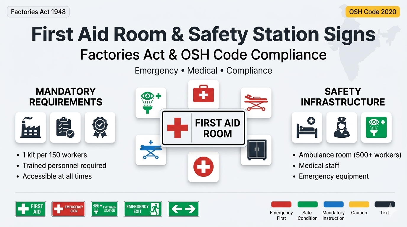 First Aid Room Signs and Safety Stations: Factories Act and OSH Code Requirements